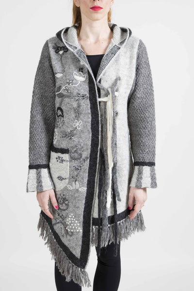 Asymmetrical Long Sweater with Floral Embroidery - 6191