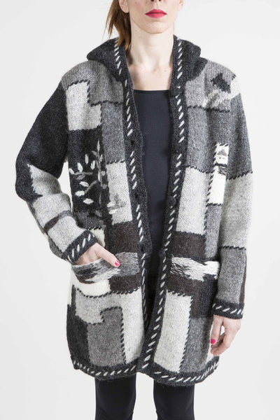 Multi Grey Patchwork Hooded Sweater - 3949-1